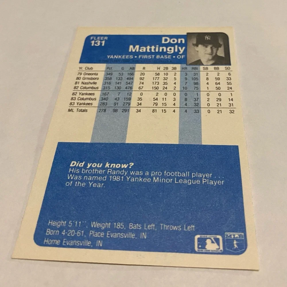 Don Mattingly RC Rookie 1984 Fleer Baseball Card # 131 New York Yankees Vintage